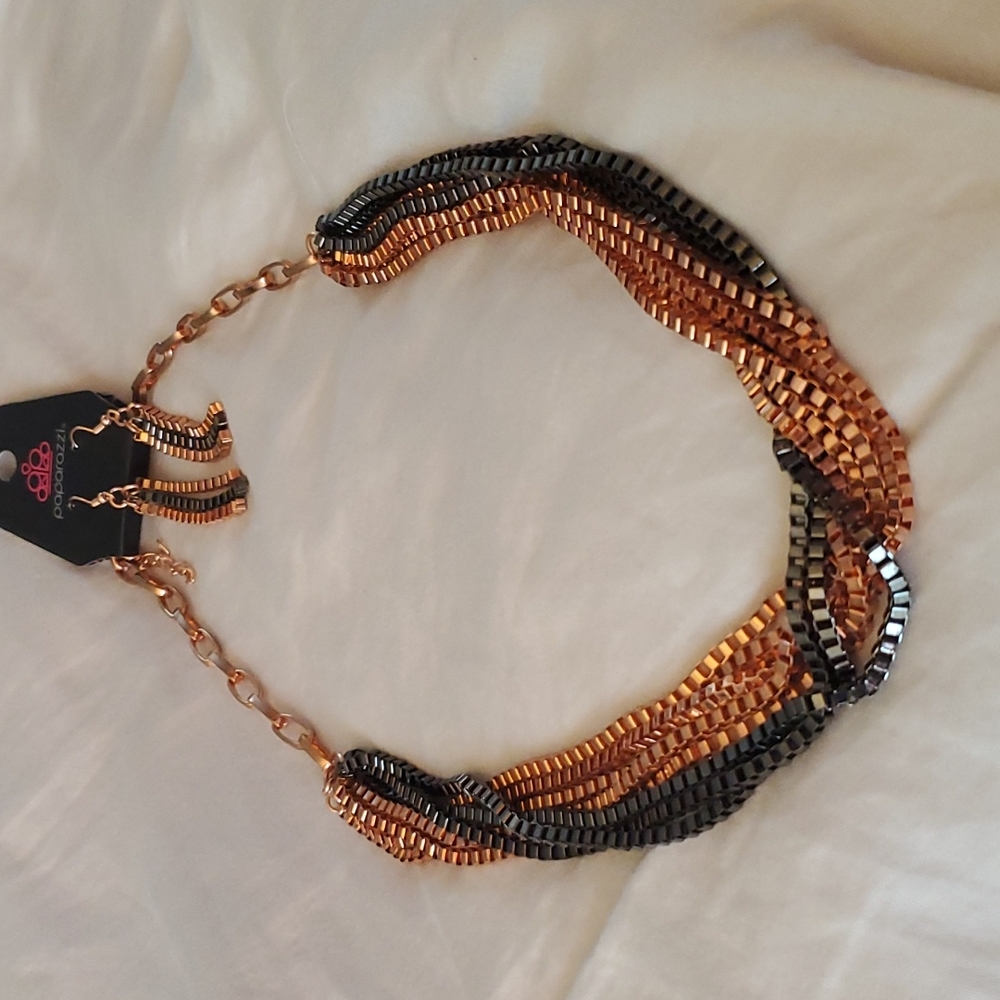 Paparazzi Shiny Cooper & Gunmetal Box Chain Necklace & Earrings